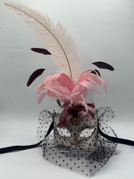 Venetian mask with feathers - Masquerade mask for women - Pink Velvet elegant mask