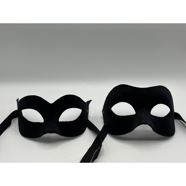 Two Venetian ball masks - man and woman mask - in black velvet. Couple mask black.