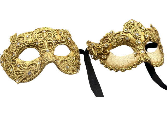 Deux masques de bal vénitiens de luxe - homme et femme - en dentelle dorée. Ensemble de masques de bal pour couples.